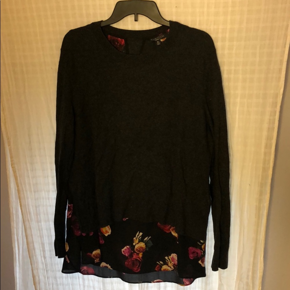 Lightweight charcoal sweater with floral trim